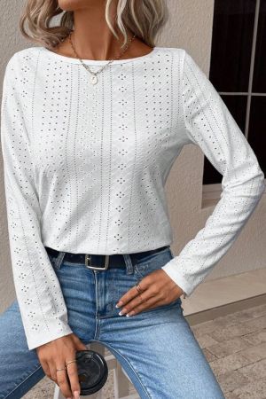 Women’s White Long Sleeve Blouse with Lace V-Back