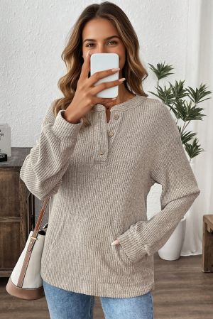 Women’s Beige Henley Neck Ribbed Top with Front Pocket