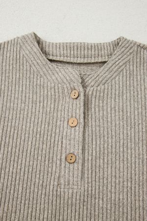 Women’s Beige Henley Neck Ribbed Top with Front Pocket