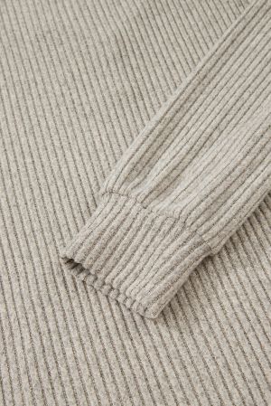 Women’s Beige Henley Neck Ribbed Top with Front Pocket
