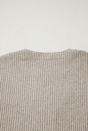 Women’s Beige Henley Neck Ribbed Top with Front Pocket