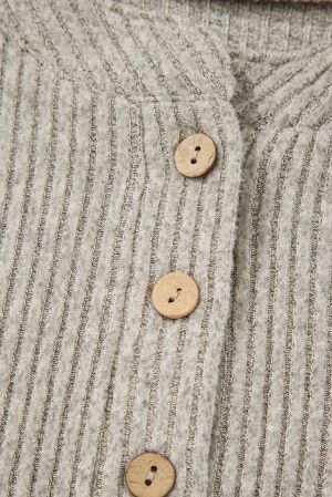 Women’s Beige Henley Neck Ribbed Top with Front Pocket