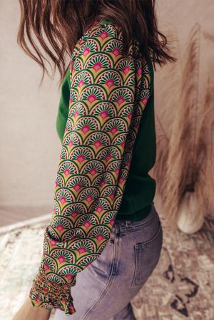 Women’s Green Sweater with Puff Sleeves and Shirred Cuffs