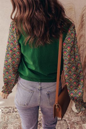 Women’s Green Sweater with Puff Sleeves and Shirred Cuffs