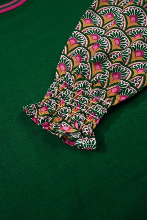 Women’s Green Sweater with Puff Sleeves and Shirred Cuffs