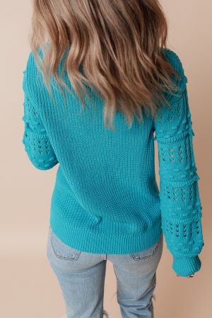 Women’s Turquoise Knitted Sweater with Lace Sleeves