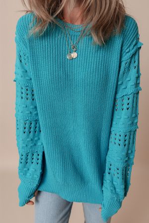 Women’s Turquoise Knitted Sweater with Lace Sleeves