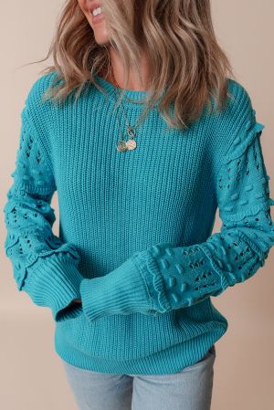 Women’s Turquoise Knitted Sweater with Lace Sleeves