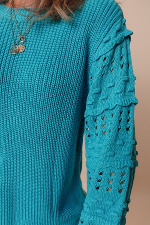 Women’s Turquoise Knitted Sweater with Lace Sleeves