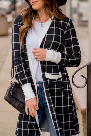 Women’s Black Plaid Colorblock Cardigan with Pockets