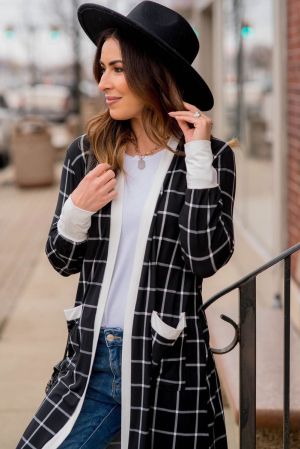 Women’s Black Plaid Colorblock Cardigan with Pockets