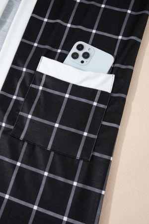 Women’s Black Plaid Colorblock Cardigan with Pockets