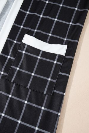 Women’s Black Plaid Colorblock Cardigan with Pockets