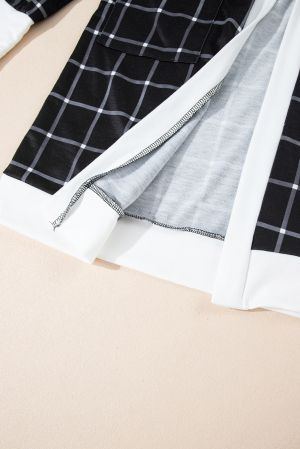 Women’s Black Plaid Colorblock Cardigan with Pockets