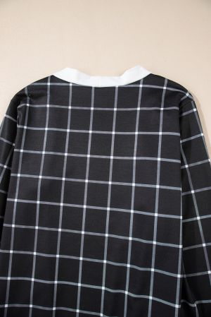 Women’s Black Plaid Colorblock Cardigan with Pockets