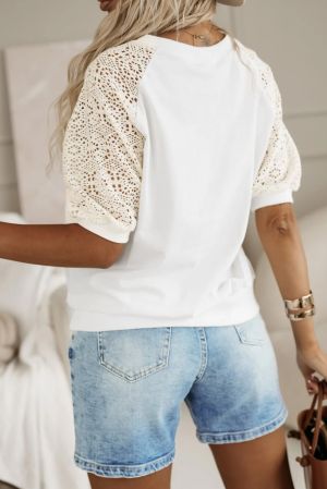 White Lace Crochet Short Sleeve Round Neck T Shirt