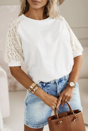 White Lace Crochet Short Sleeve Round Neck T Shirt