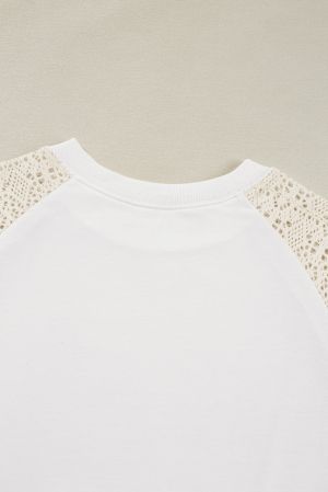 White Lace Crochet Short Sleeve Round Neck T Shirt