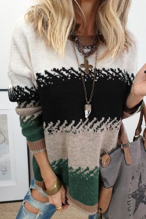 Women’s Stylish Color Block Pattern Drop Shoulder Sweater