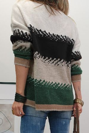 Women’s Stylish Color Block Pattern Drop Shoulder Sweater