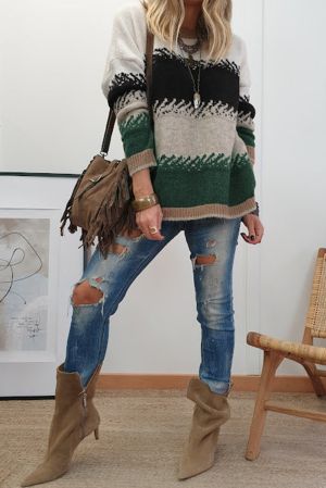 Women’s Stylish Color Block Pattern Drop Shoulder Sweater