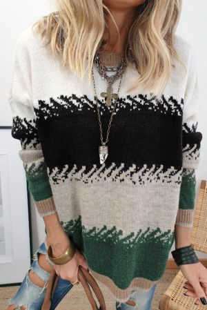 Women’s Stylish Color Block Pattern Drop Shoulder Sweater