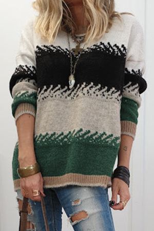 Women’s Stylish Color Block Pattern Drop Shoulder Sweater
