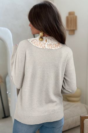 Women’s Gray Sweater with Lace Detail and Elegant Design
