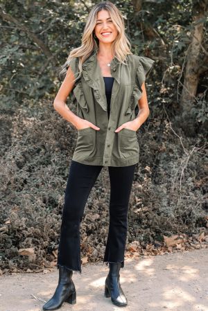 Women’s Green Ruffled Denim Jacket Vest
