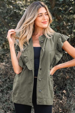 Women’s Green Ruffled Denim Jacket Vest