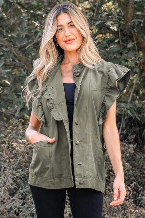 Women’s Green Ruffled Denim Jacket Vest