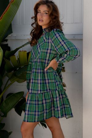 Women's Green Plaid Print Dress with Gathered Collar Accents and Long Sleeves