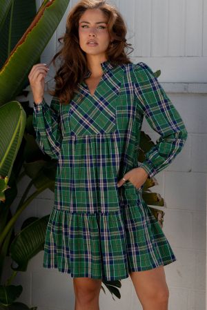 Women's Green Plaid Print Dress with Gathered Collar Accents and Long Sleeves