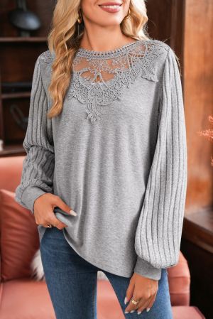 Women's Gray Long Sleeve Women’s Blouse with Embroidery