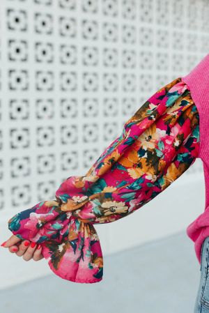 Sachet Pink Flower Patchwork Ruffled Sleeve Ribbed Knit Drop Shoulder Top