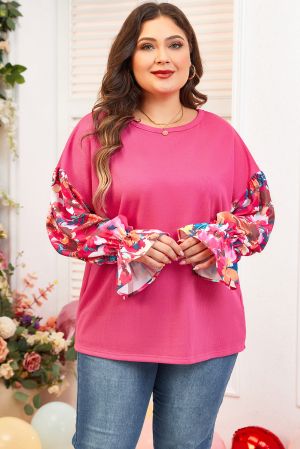 Sachet Pink Flower Patchwork Ruffled Sleeve Ribbed Knit Drop Shoulder Top