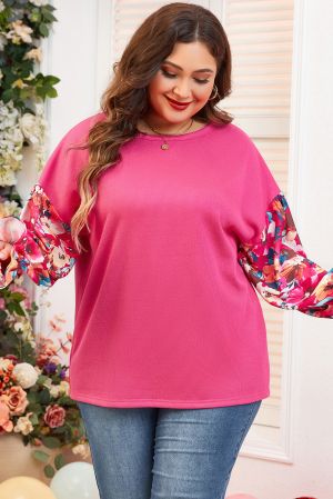 Sachet Pink Flower Patchwork Ruffled Sleeve Ribbed Knit Drop Shoulder Top