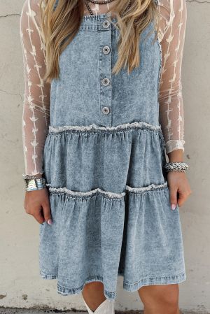 Women’s Light Blue Denim Overall Dress with Buttons