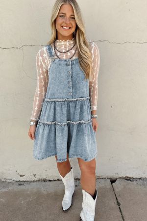 Women’s Light Blue Denim Overall Dress with Buttons