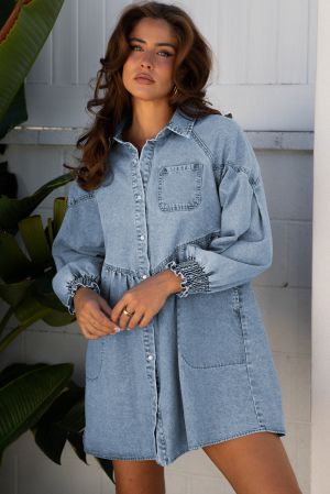 Women’s Denim Shirt Dress with Pockets and Smocked Cuffs