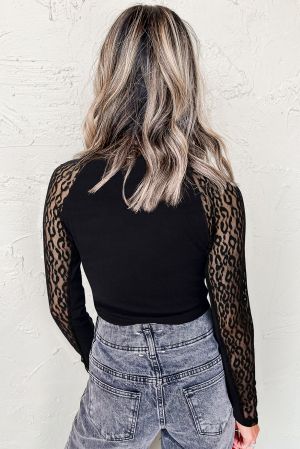 Women’s Black Top with Sheer Leopard Mesh Sleeves
