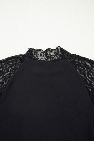 Women’s Black Top with Sheer Leopard Mesh Sleeves