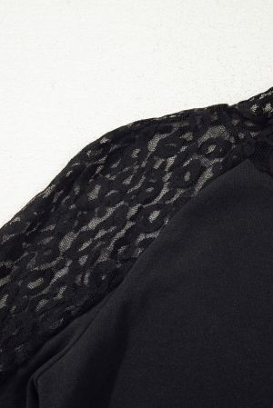 Women’s Black Top with Sheer Leopard Mesh Sleeves