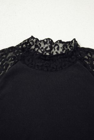 Women’s Black Top with Sheer Leopard Mesh Sleeves
