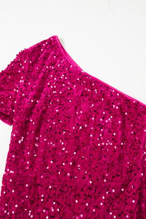 Women's Elegant One-Shoulder Sequin Gown in Fuchsia Pink