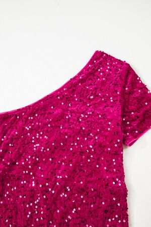 Women's Elegant One-Shoulder Sequin Gown in Fuchsia Pink