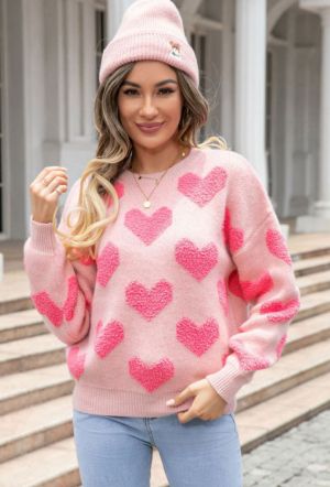 Pink Colorblock Textured Knit Bubble Sleeve Sweater