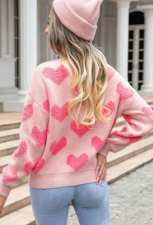 Pink Colorblock Textured Knit Bubble Sleeve Sweater
