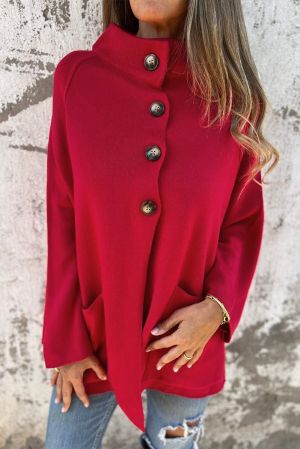 Women’s Red Button-Up Cardigan Jacket with Pockets