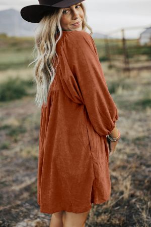 Women’s Rust Brown Corduroy Dress with Puff Sleeves and Button Detail